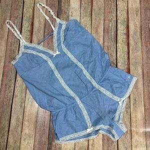 Aerie one piece sleep romper chambray and lace 100% cotton size medium
